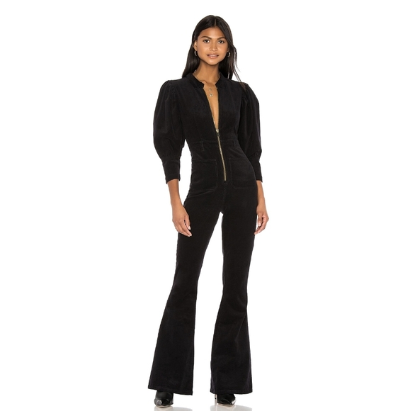 We Wore What 70s Corduroy Puff Sleeve Flared Jumpsuit - Picture 1 of 14